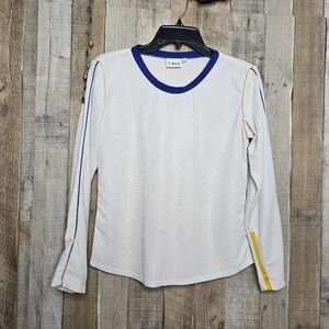LBH Athletic Top Pullover Long Sleeves White With Blue & Yellow Waffle Medium